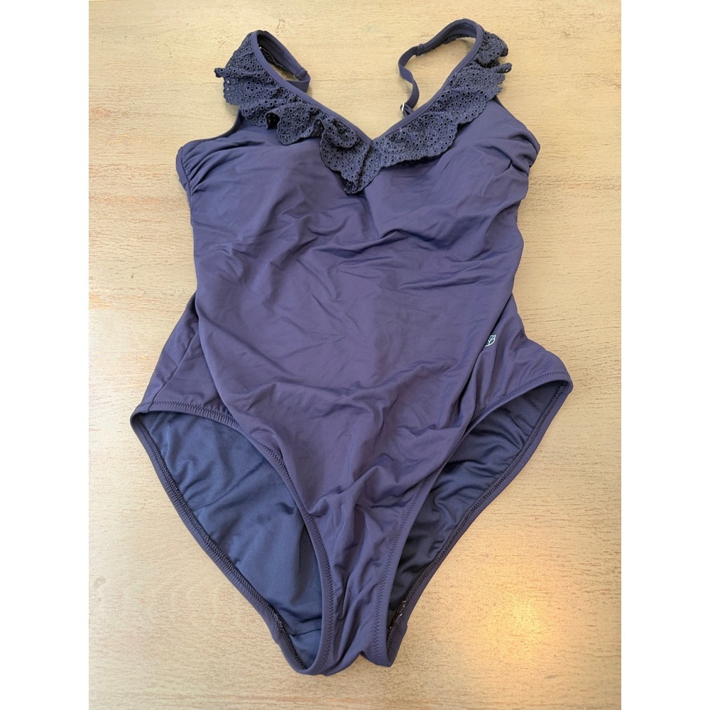 Draper James x Lands End Navy Blue Eyelet Ruffle One Piece Swimsuit Size 14
